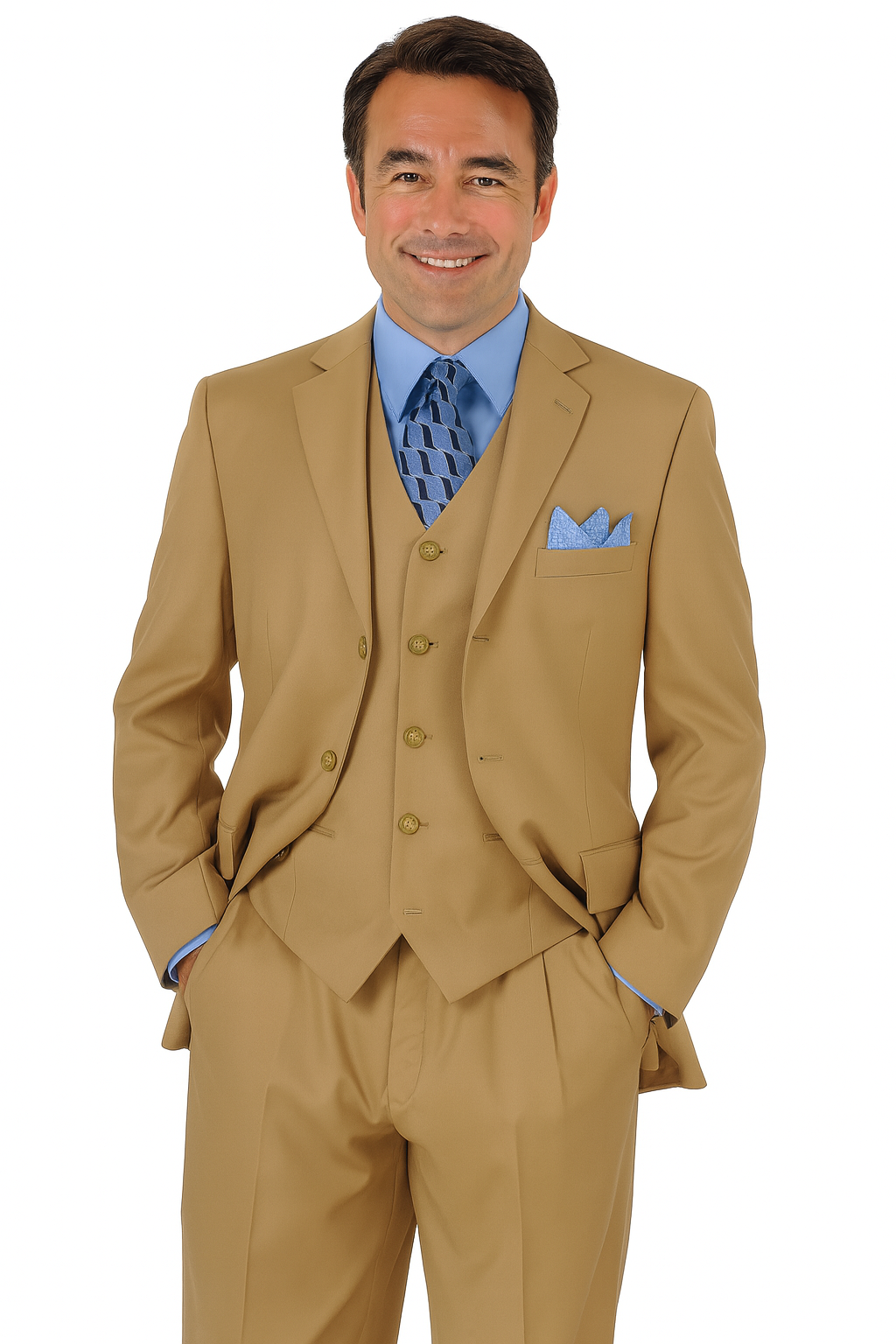 Mens 3 Button Vested Basic Wool Feel Suit in Khaki