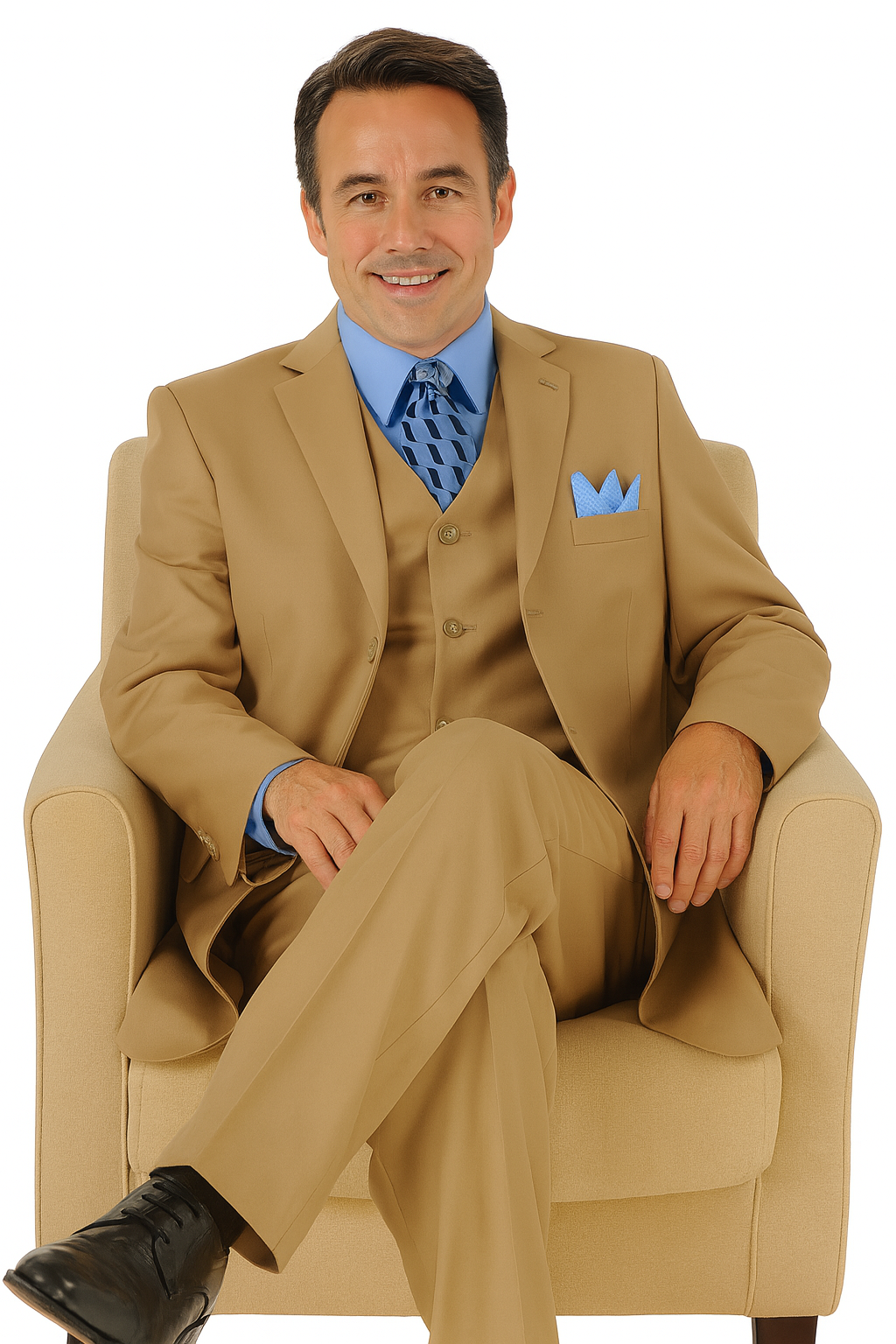 Mens 3 Button Vested Basic Wool Feel Suit in Khaki