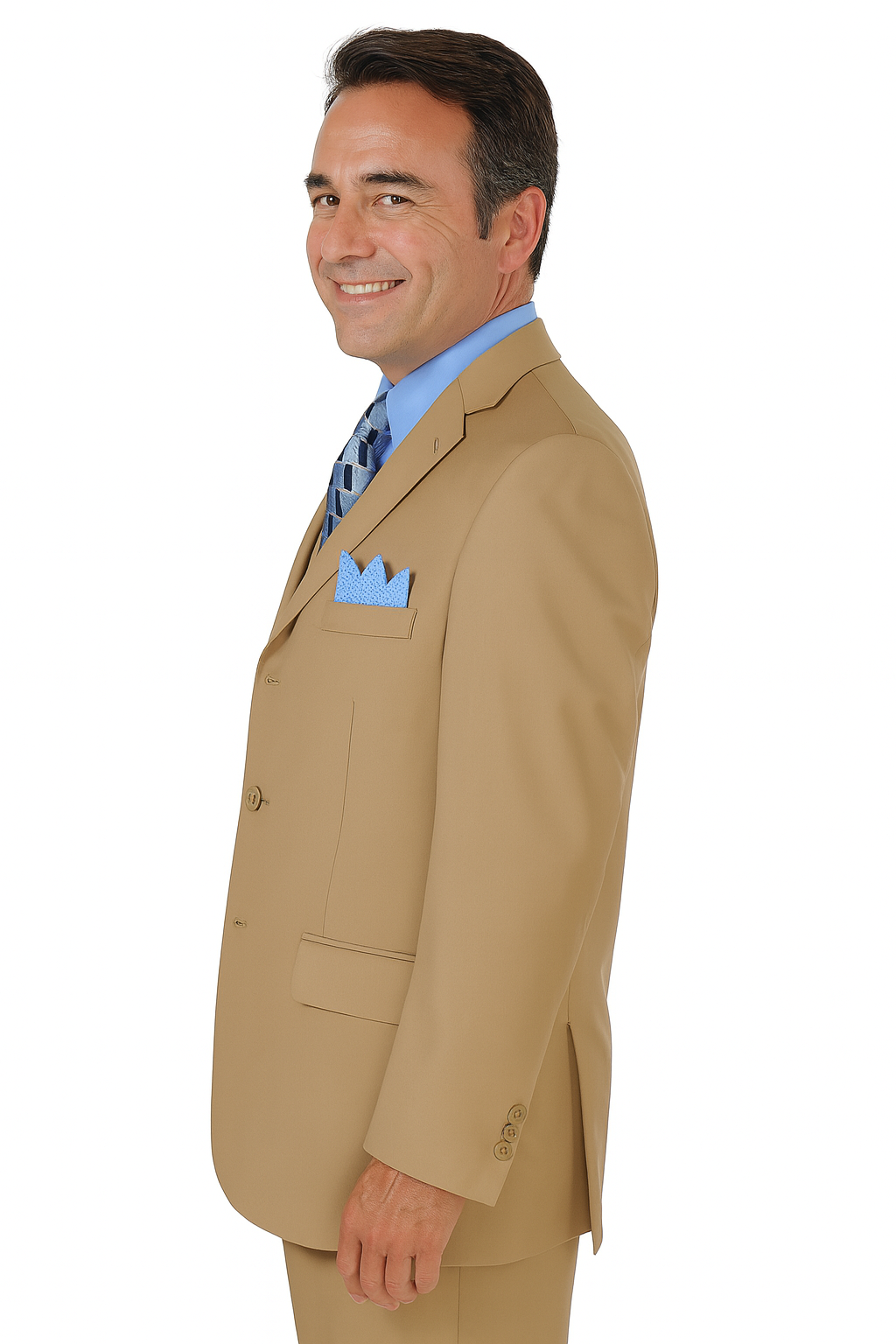 Mens 3 Button Vested Basic Wool Feel Suit in Khaki