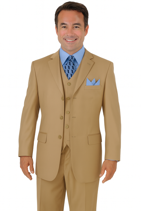 Mens 3 Button Vested Basic Wool Feel Suit in Khaki