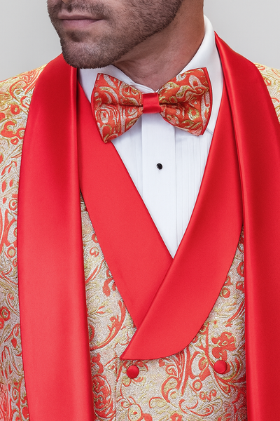 Coral Orange Paisley Tuxedo with Vest & Satin Pants