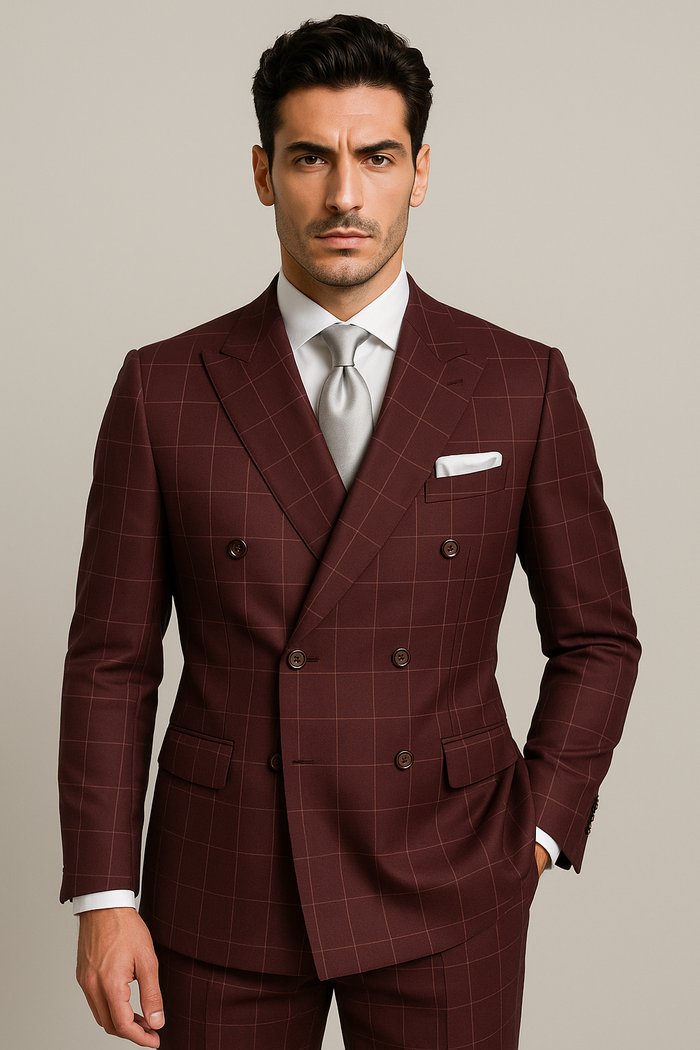 Men's Six Button Double Breasted Peak Lapel Jacket In Burgundy