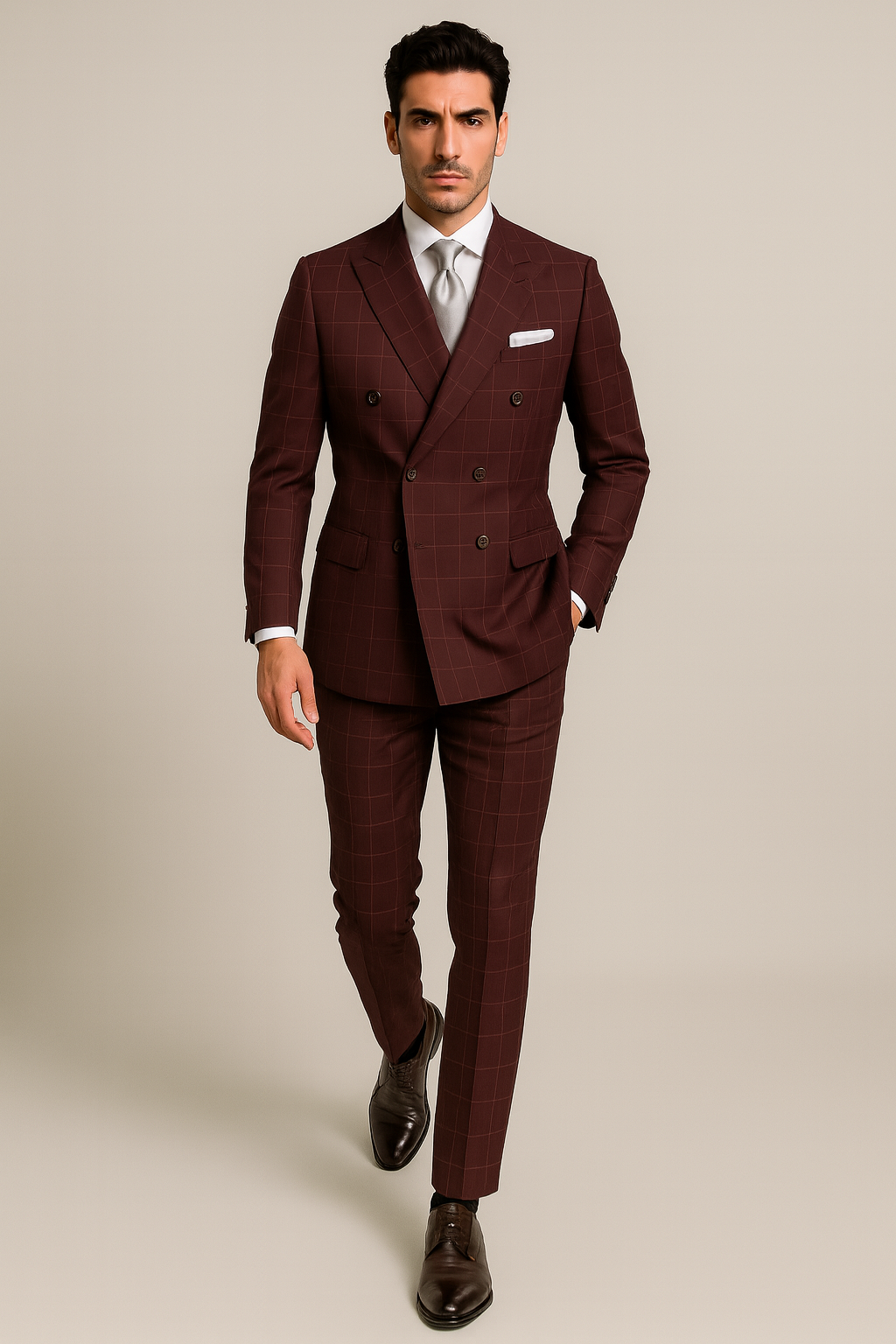 Men's Six Button Double Breasted Peak Lapel Jacket In Burgundy