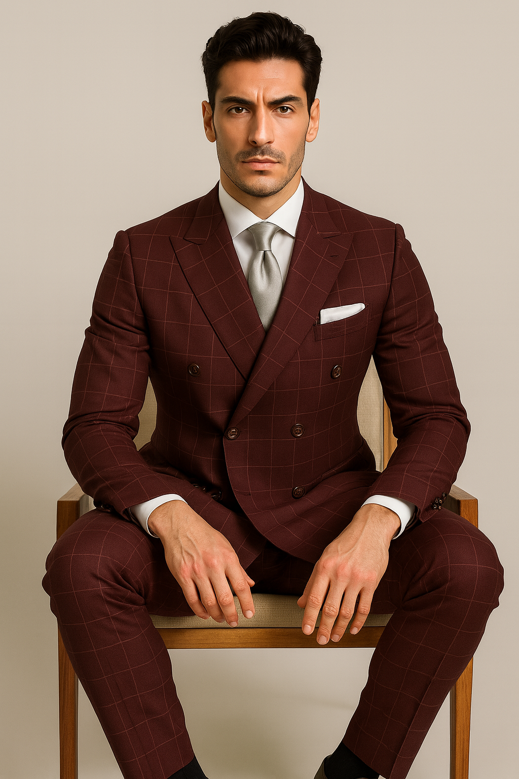 Men's Six Button Double Breasted Peak Lapel Jacket In Burgundy