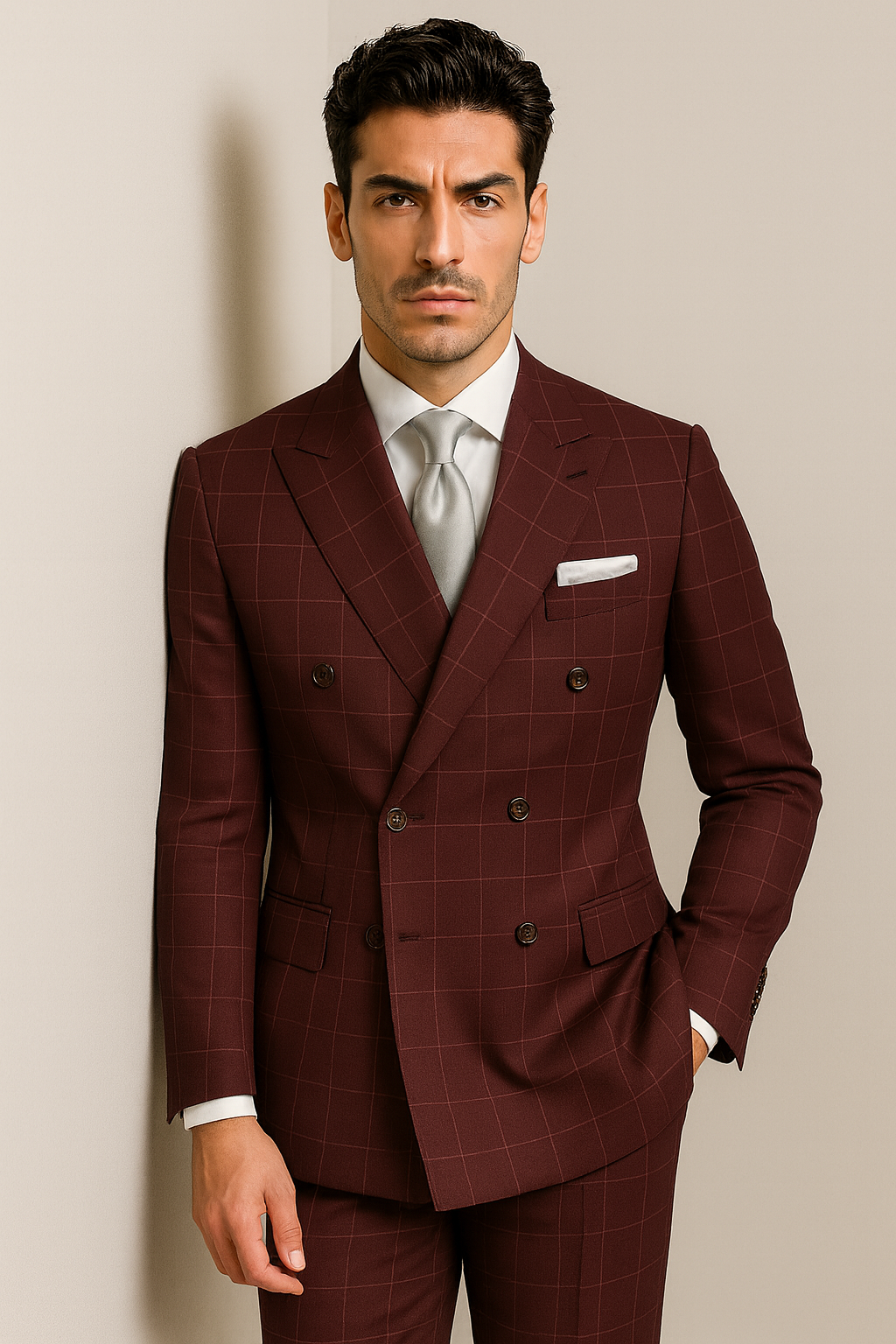 Men's Six Button Double Breasted Peak Lapel Jacket In Burgundy