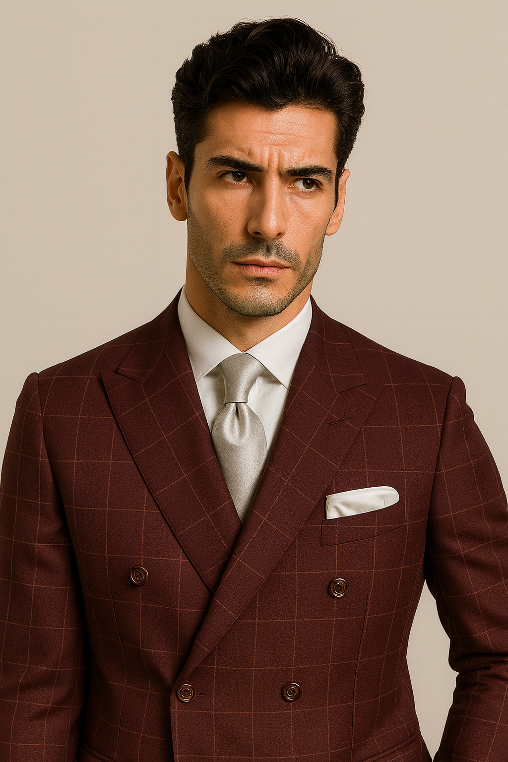 Men's Six Button Double Breasted Peak Lapel Jacket In Burgundy