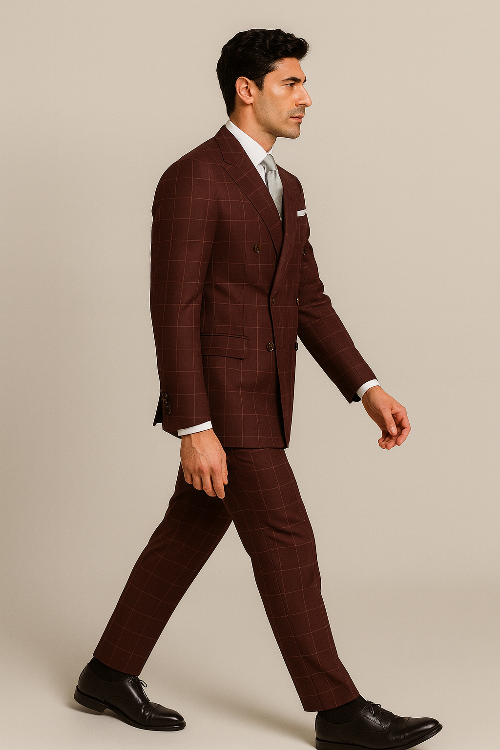 Men's Six Button Double Breasted Peak Lapel Jacket In Burgundy