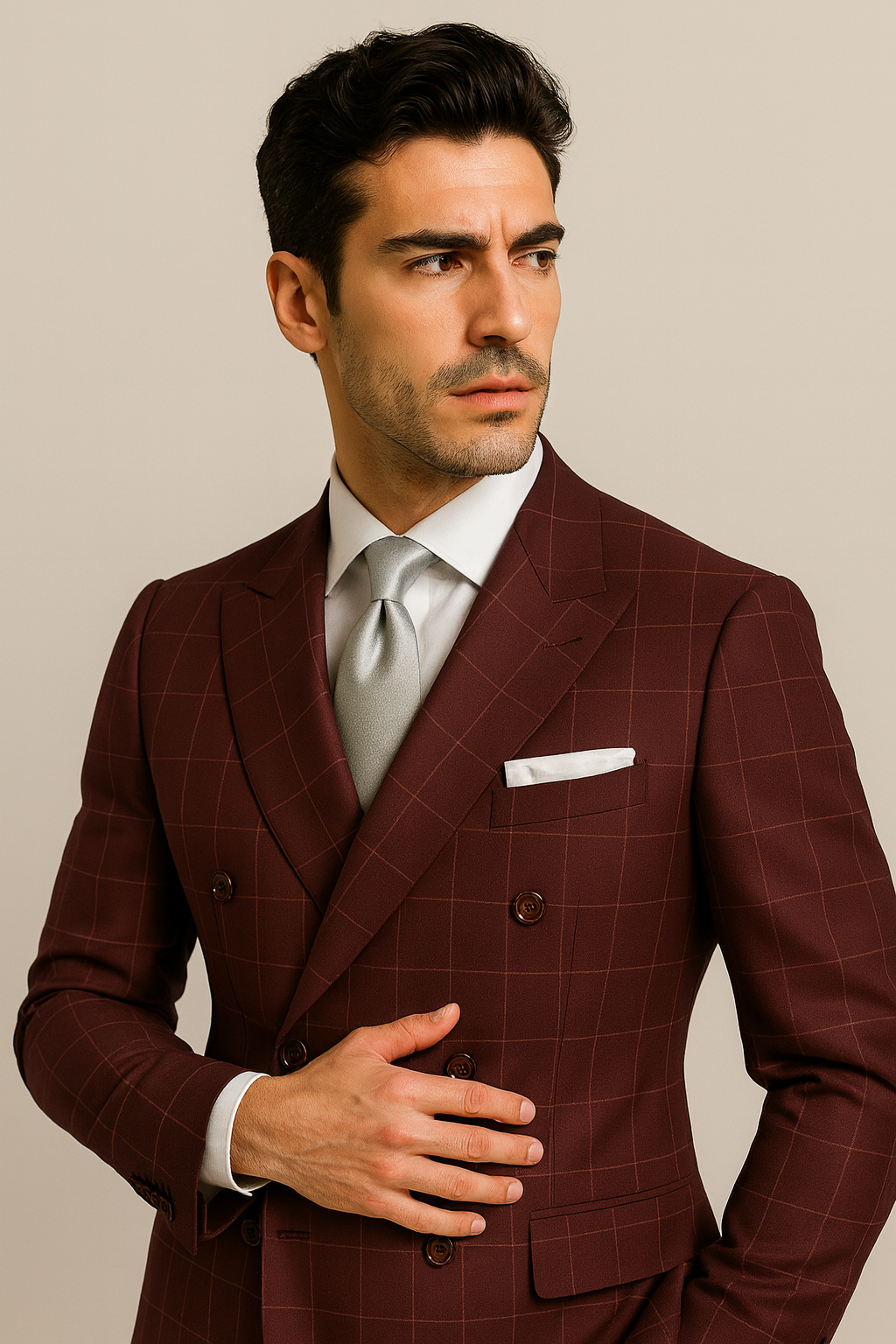 Men's Six Button Double Breasted Peak Lapel Jacket In Burgundy