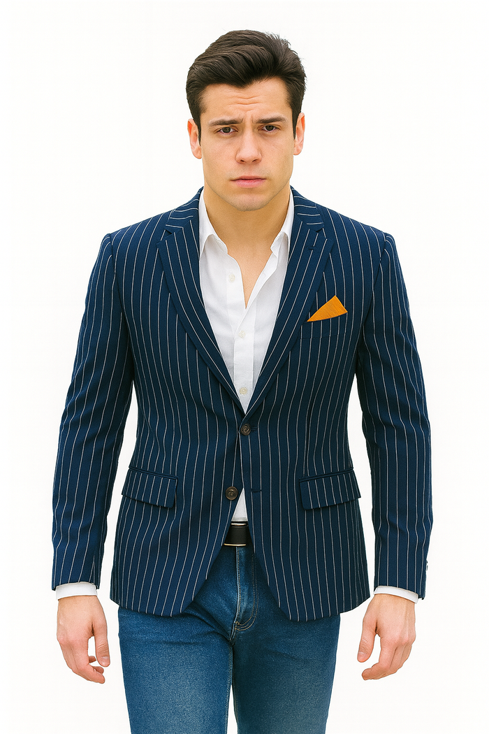 Men's Navy and Bold White Pinstripe Designer Fashion Blazer
