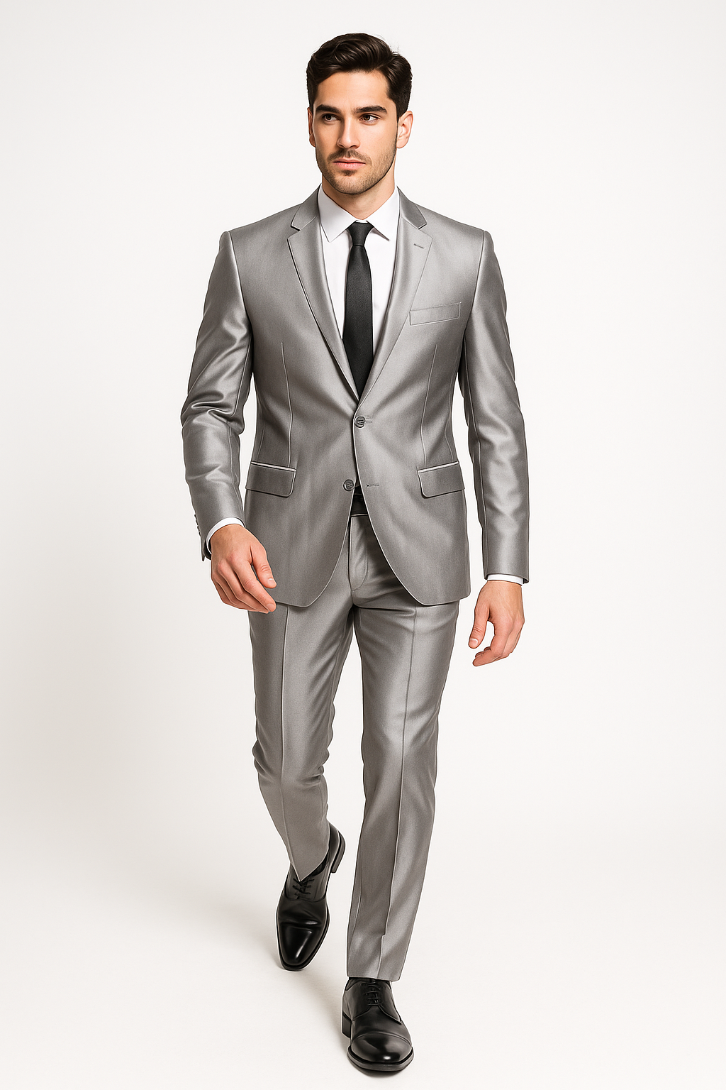 Men's Slim Fit Shiny Silver Tuxedo Formal Looking Sharkskin Suit