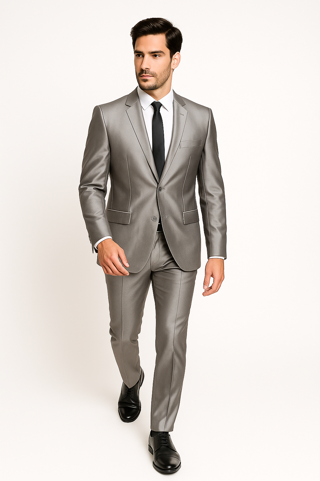 Men's Slim Fit Shiny Silver Tuxedo Formal Looking Sharkskin Suit