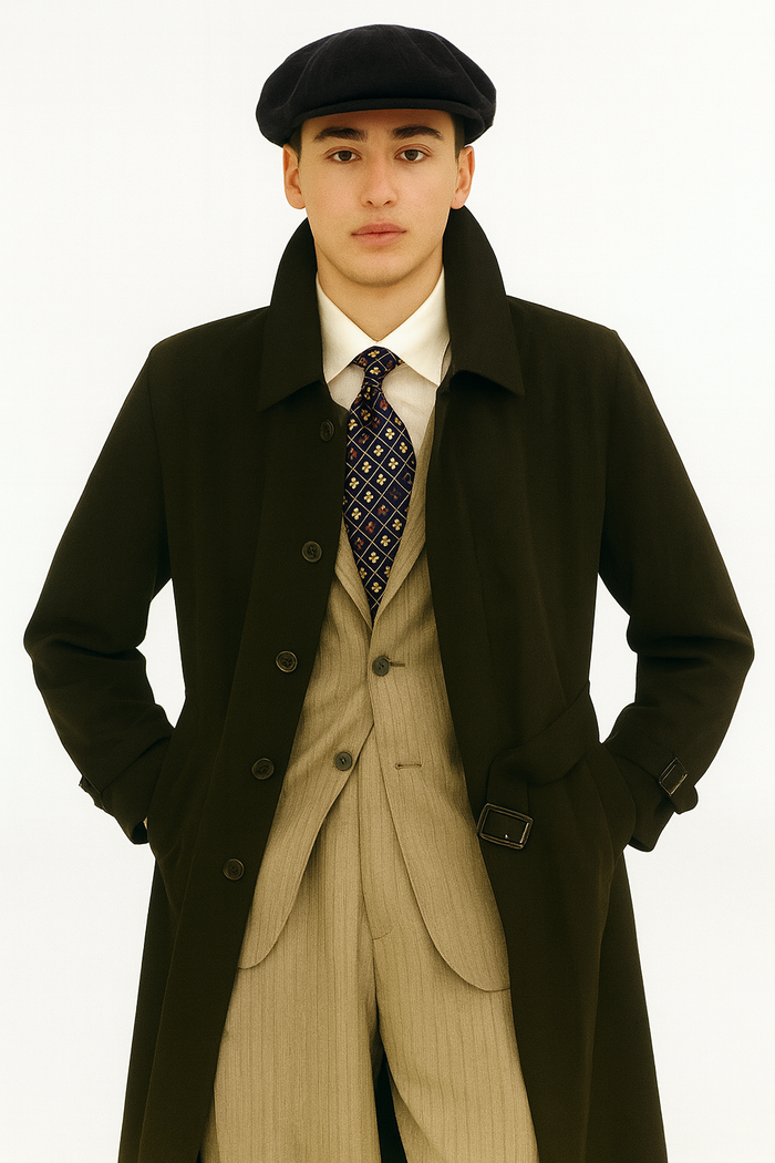 All Weather Men's Dress Coat Belted Rain Coat ~ Long full Maxi length Trench Coat Black Long Style