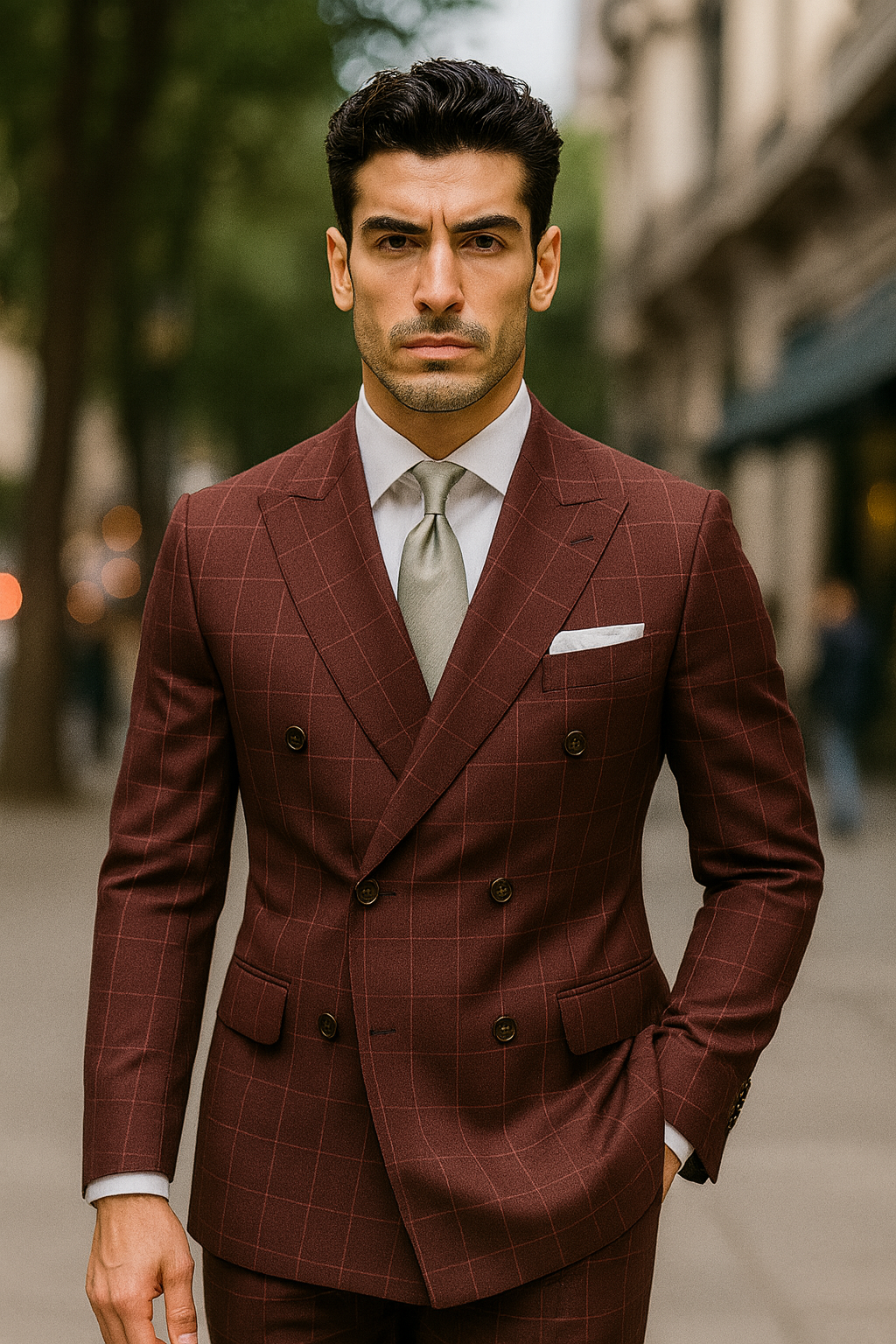 Men's Six Button Double Breasted Peak Lapel Jacket In Burgundy