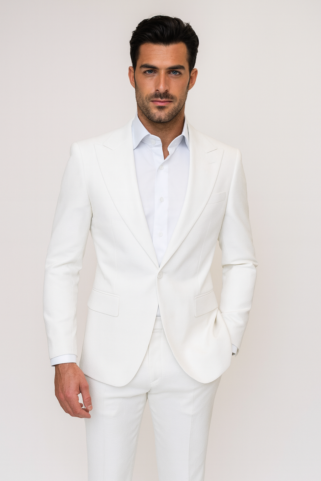 White Seersucker Peak Lapel Suit by Rossiman