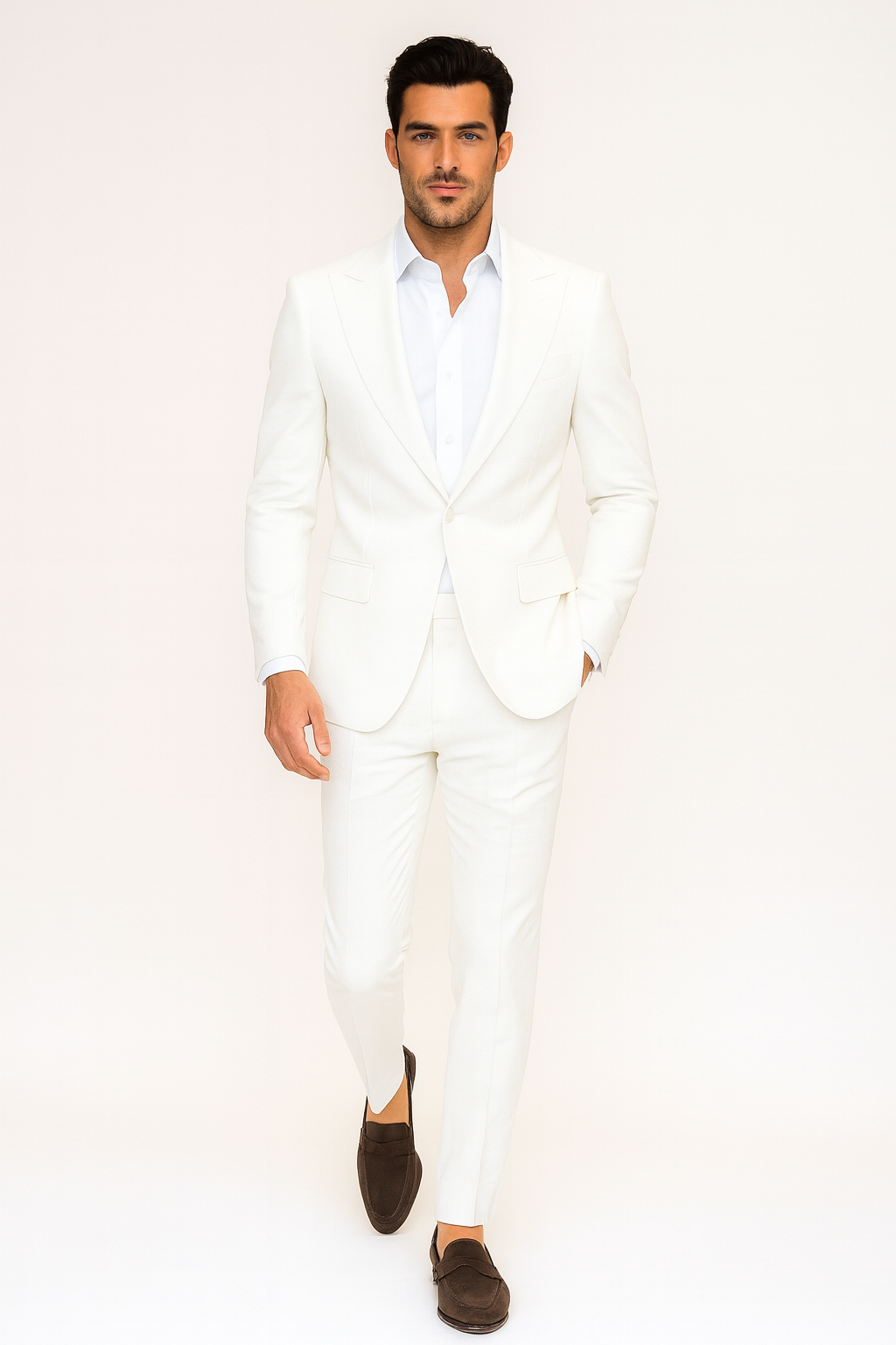 White Seersucker Peak Lapel Suit by Rossiman