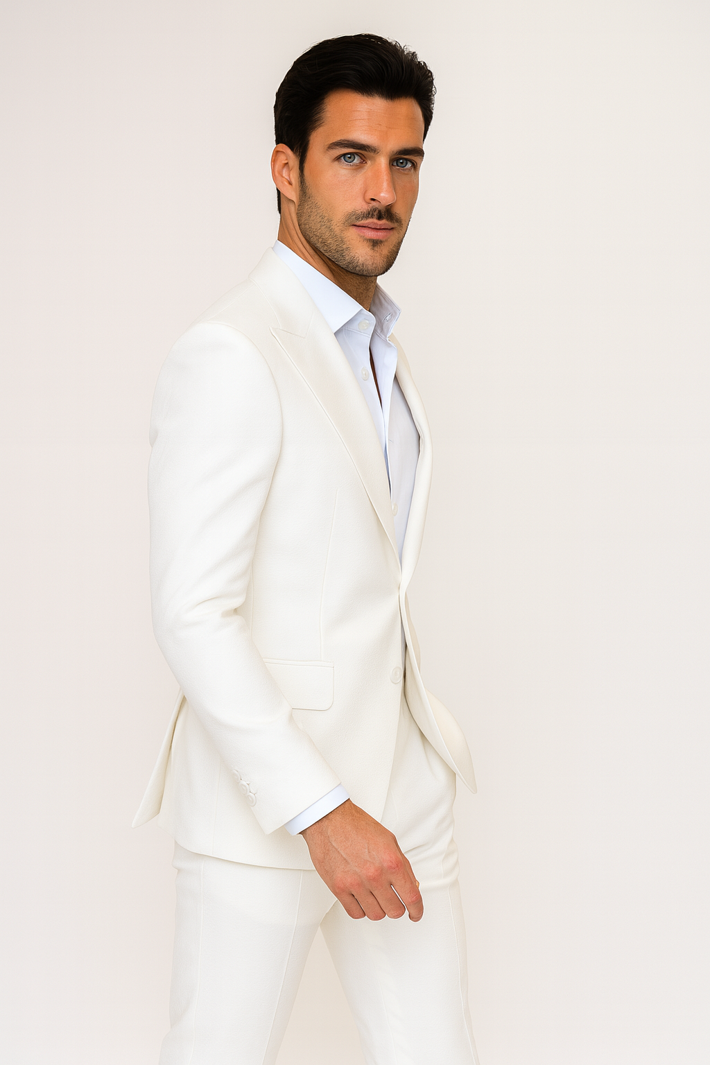 White Seersucker Peak Lapel Suit by Rossiman