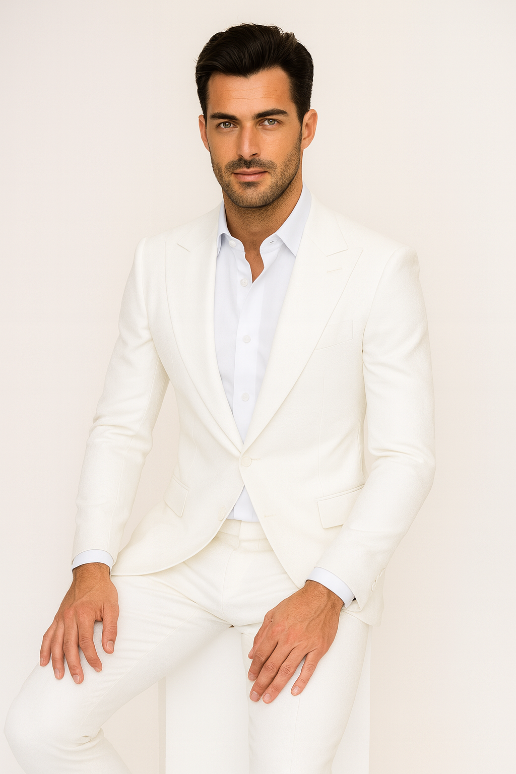 White Seersucker Peak Lapel Suit by Rossiman