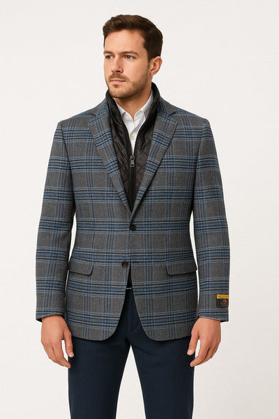 Blue & Grey Checkered Wool Blazer with Quilted Inner Layer