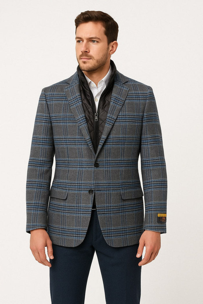Mens Charcoal Grey and Blue Checkered Wool Blazer Glen Plaid Checkered Windowpane Pattern with Quilted Inner Layer Removable Vest