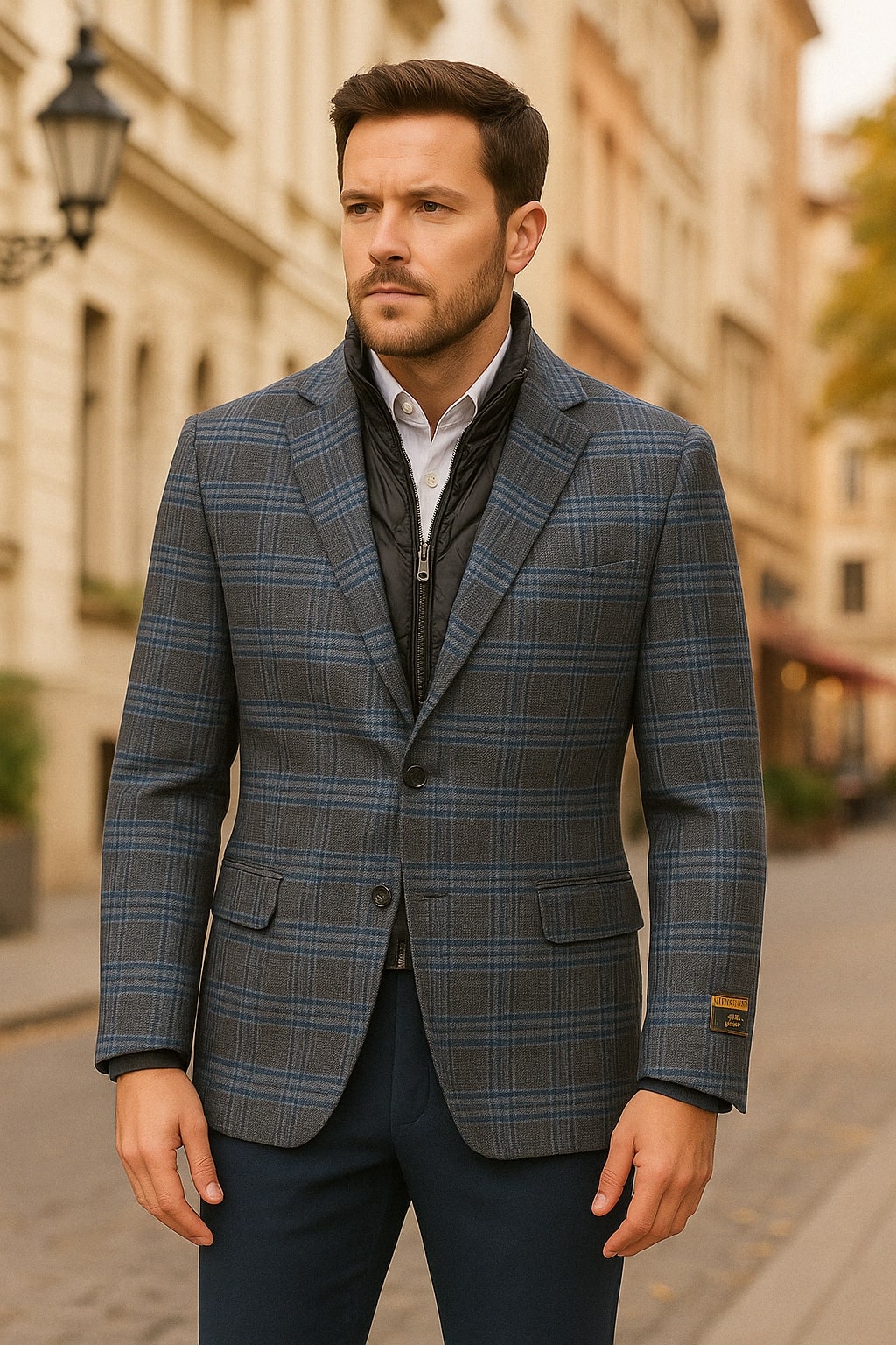 Blue & Grey Checkered Wool Blazer with Quilted Inner Layer