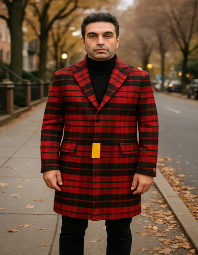 Red & Black Plaid Wool Three-Quarter Carcoat