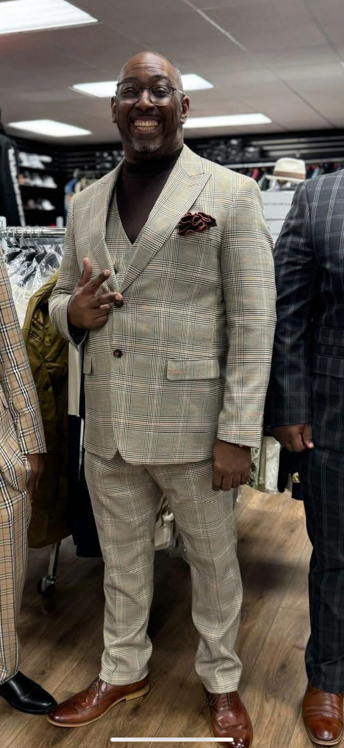 Beige Plaid 3-Piece Suit for Men