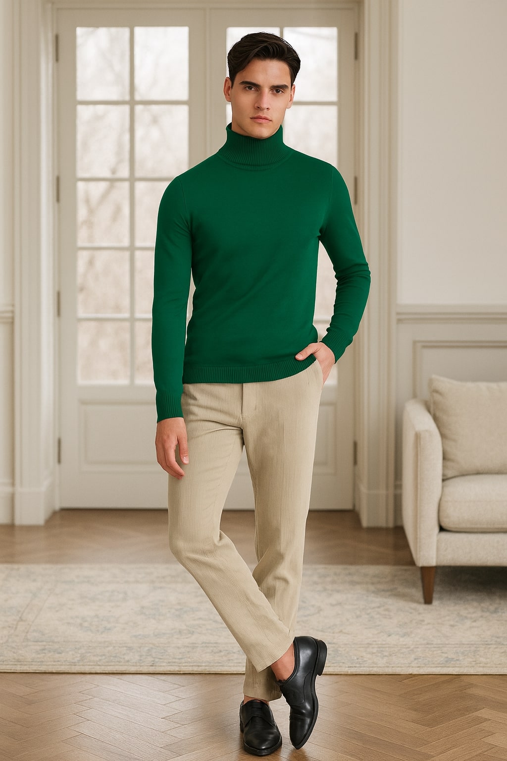 Mens Classic Emerald Green Slim Fit Turtleneck