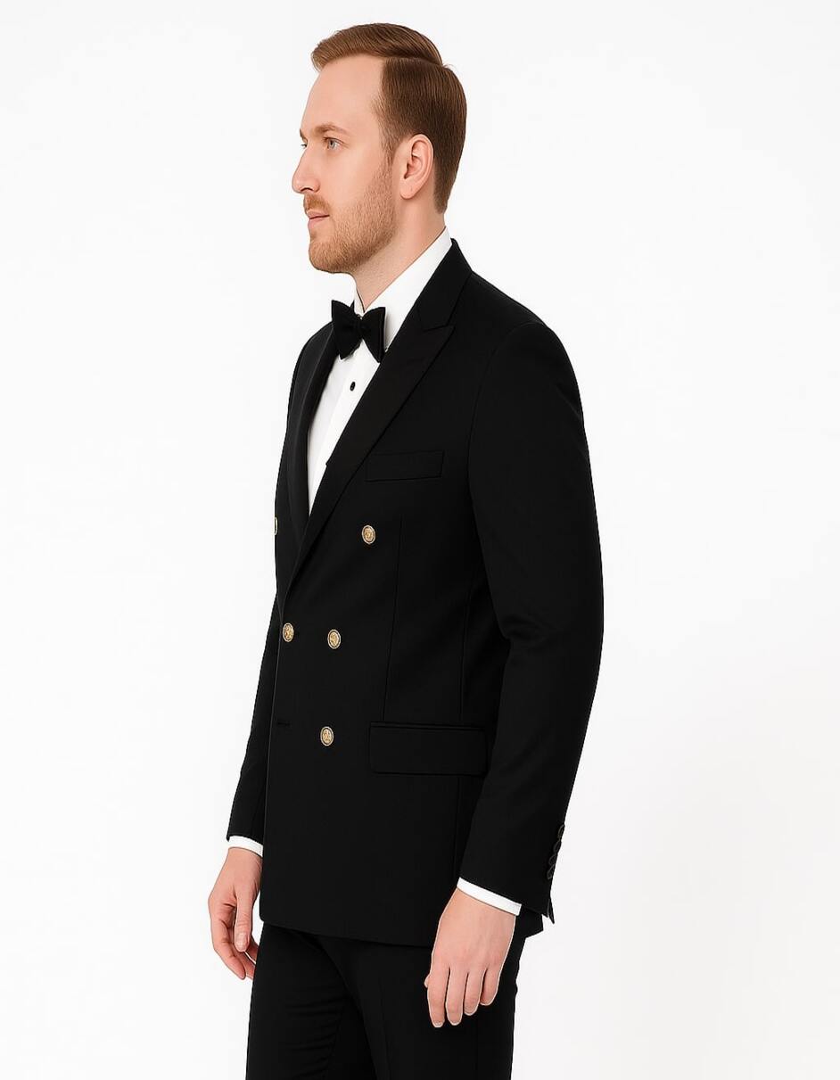 Men’s Double-Breasted Black Tuxedo with Gold Buttons
