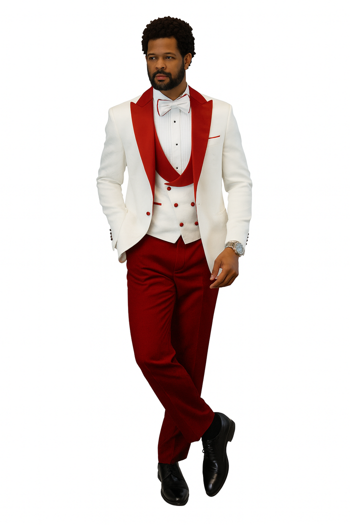 Hilton White Red Paisley Peak Lapel Tuxedo Set