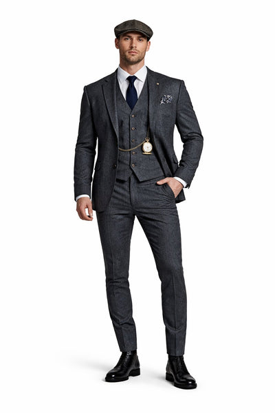 Men's Gray Three Button Two Flap Front Pockets 3 Piece Peaky Blinders Suit - Peaky Blinders Outfit + Overcoat + Shirt and hat + Boot (Like pictured)