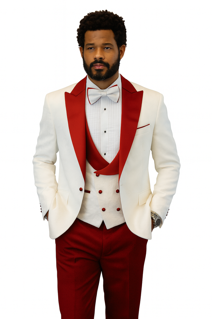Hilton White Red Paisley Peak Lapel Tuxedo Set