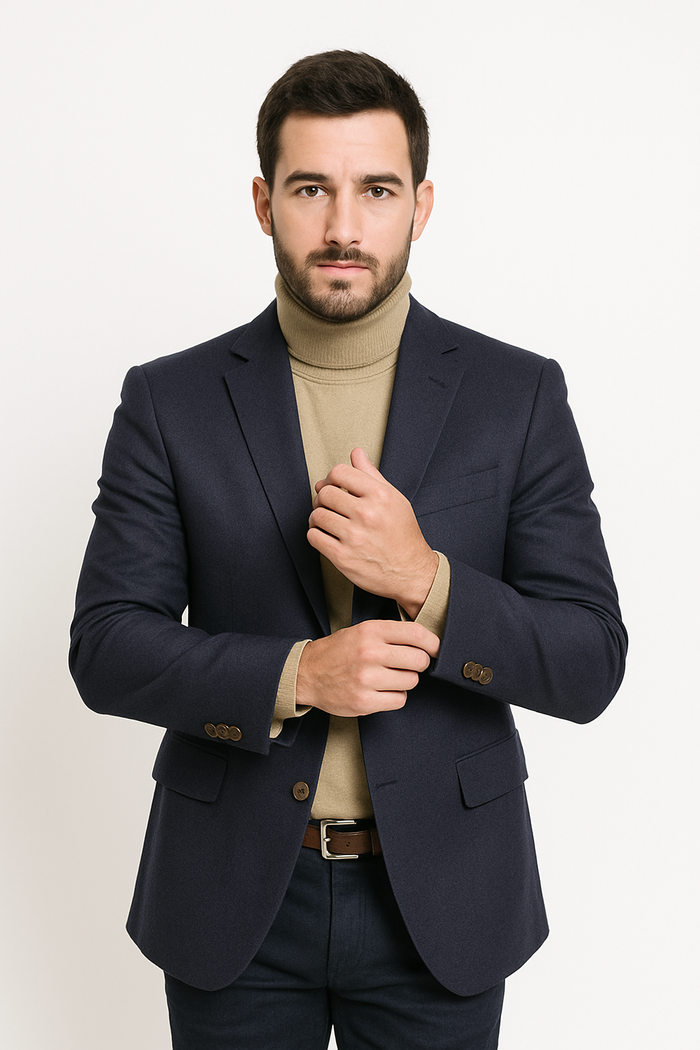 Navy Cashmere Two Button Jacket with Notch Lapel