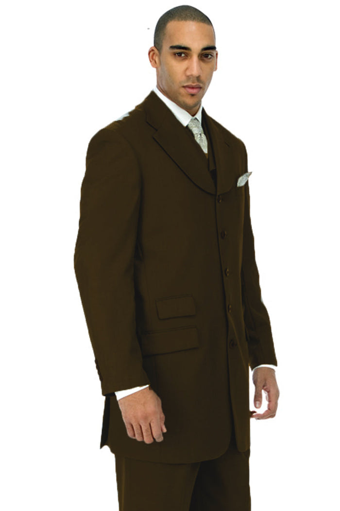 Mens Vested 5 Button Wide Notch Lapel Suit Brown