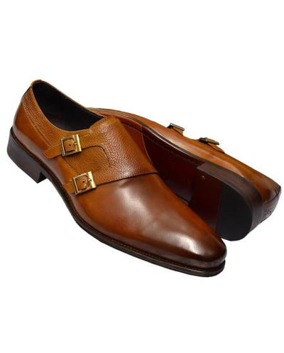 Carrucci Men's Cognac Burnished Double Monk Strap Genuine Calfskin Leather Shoes- Men's Buckle Dress Shoes