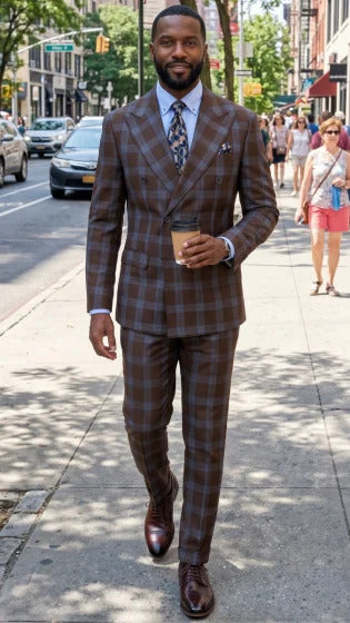Statement Men’s Brown Plaid Double Breasted Suit, 2 Piece 100% Wool Modern Fit Dress Suit
