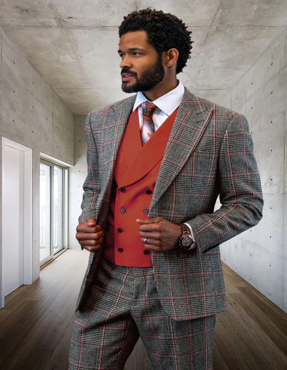 Grey and Copper Windowpane Plaid Wool Suit