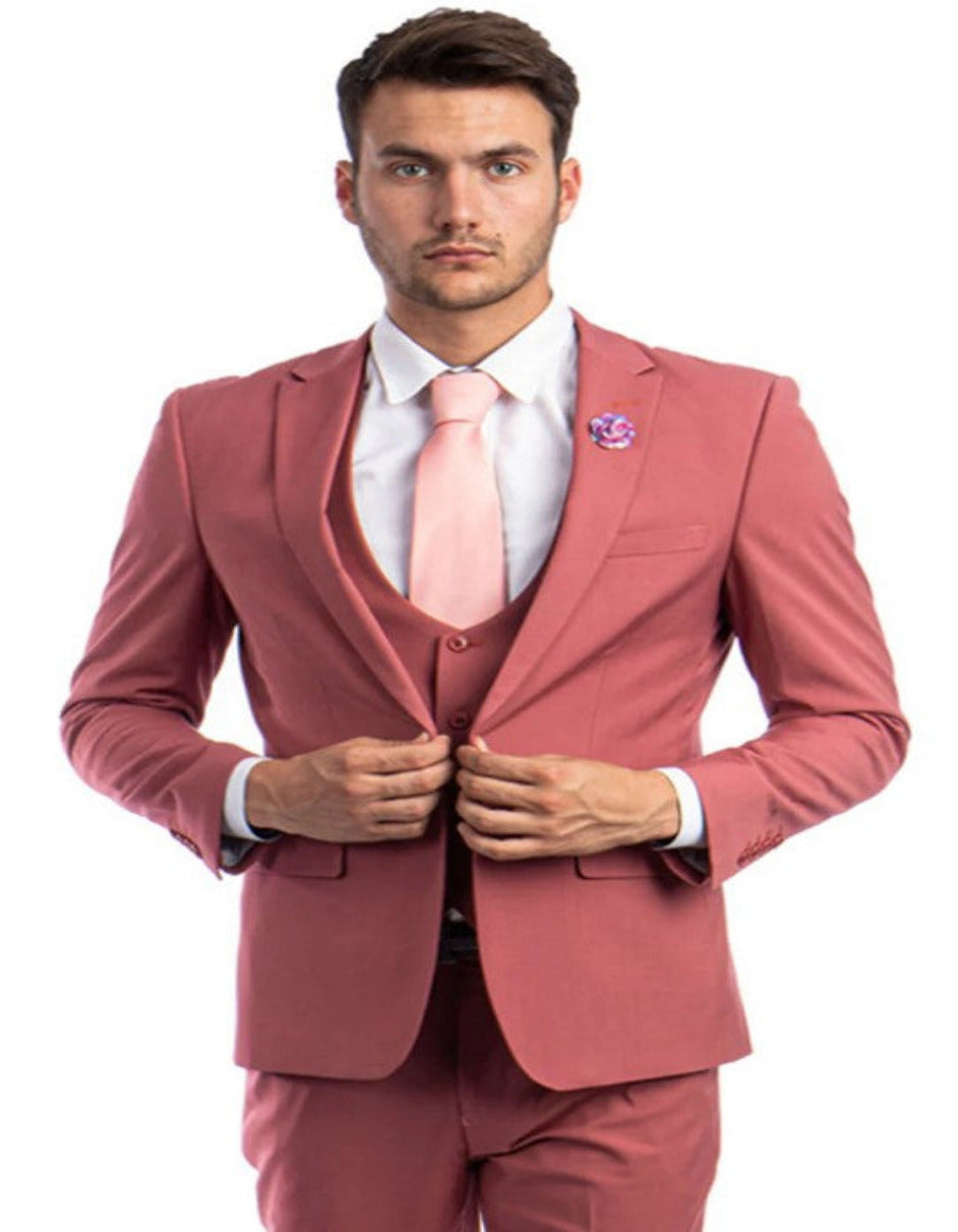 Coral Pink Slim Fit Peak Lapel Suit Vest