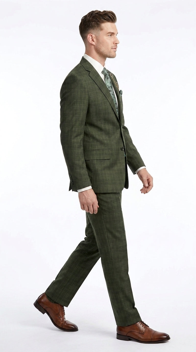 Men’s Olive Green Glen Plaid 3 Piece Suit, Regular Fit Formal Wedding Business Dress Suit