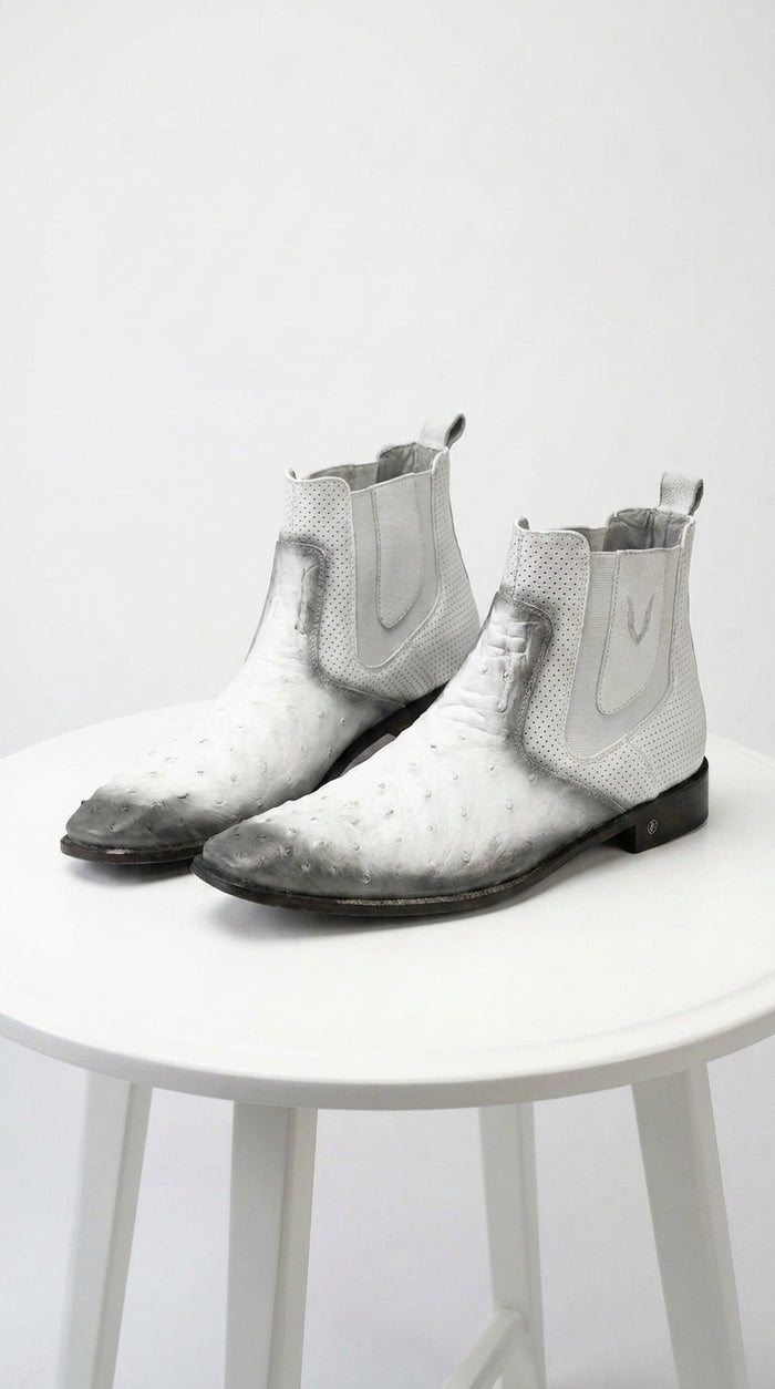 Men’s Faded White Ostrich Chelsea Boots, Exotic Dress Ankle Boots for Formal and Western Style