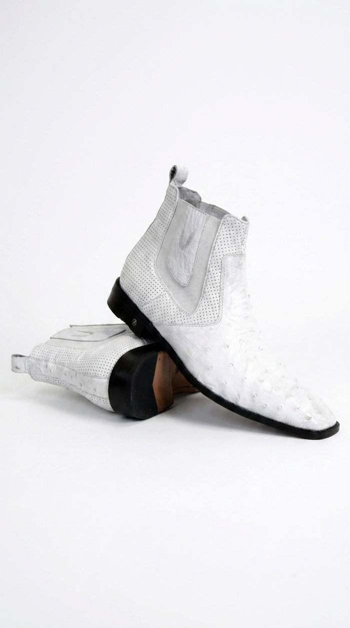 Men’s Handmade White Ostrich Chelsea Boots, Exotic Dress Ankle Boots for Formal and Western Style