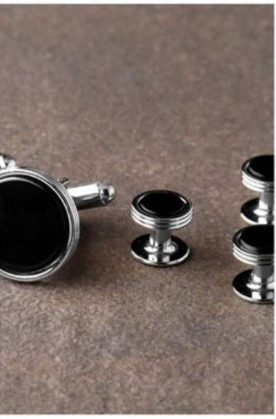 Triple Rim Silver Studs Premium Onyx Cufflinks Set Black