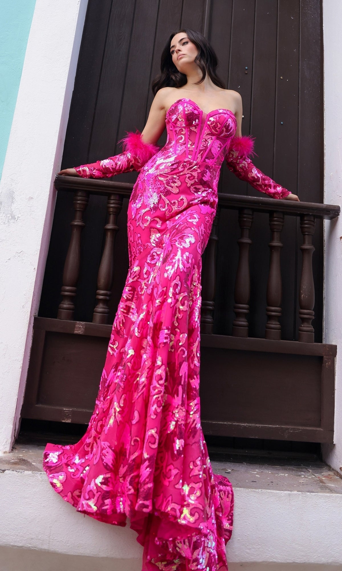 Sequin-Print Prom Dress Strapless Mermaid Red Carpet Gown with Gloves