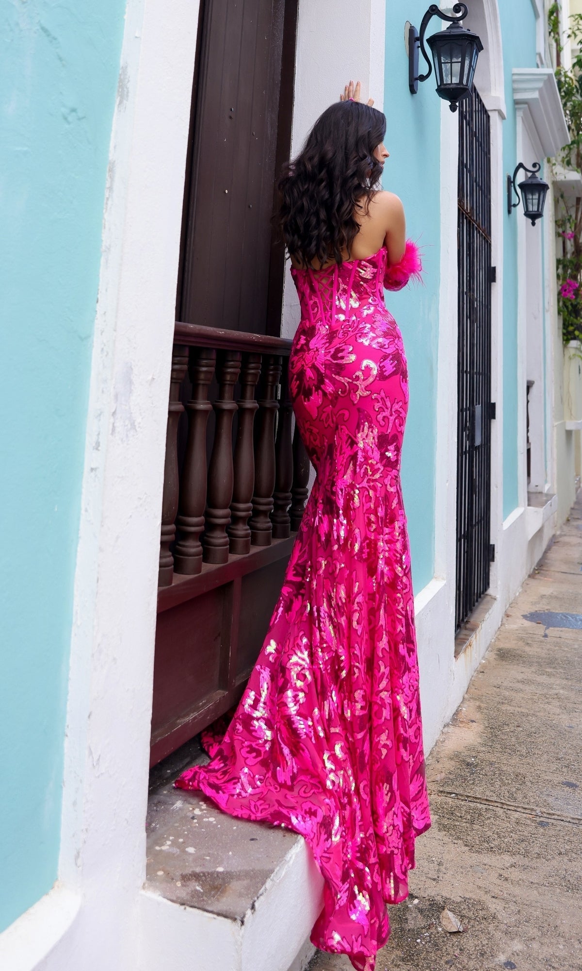 Sequin-Print Prom Dress Strapless Mermaid Red Carpet Gown with Gloves