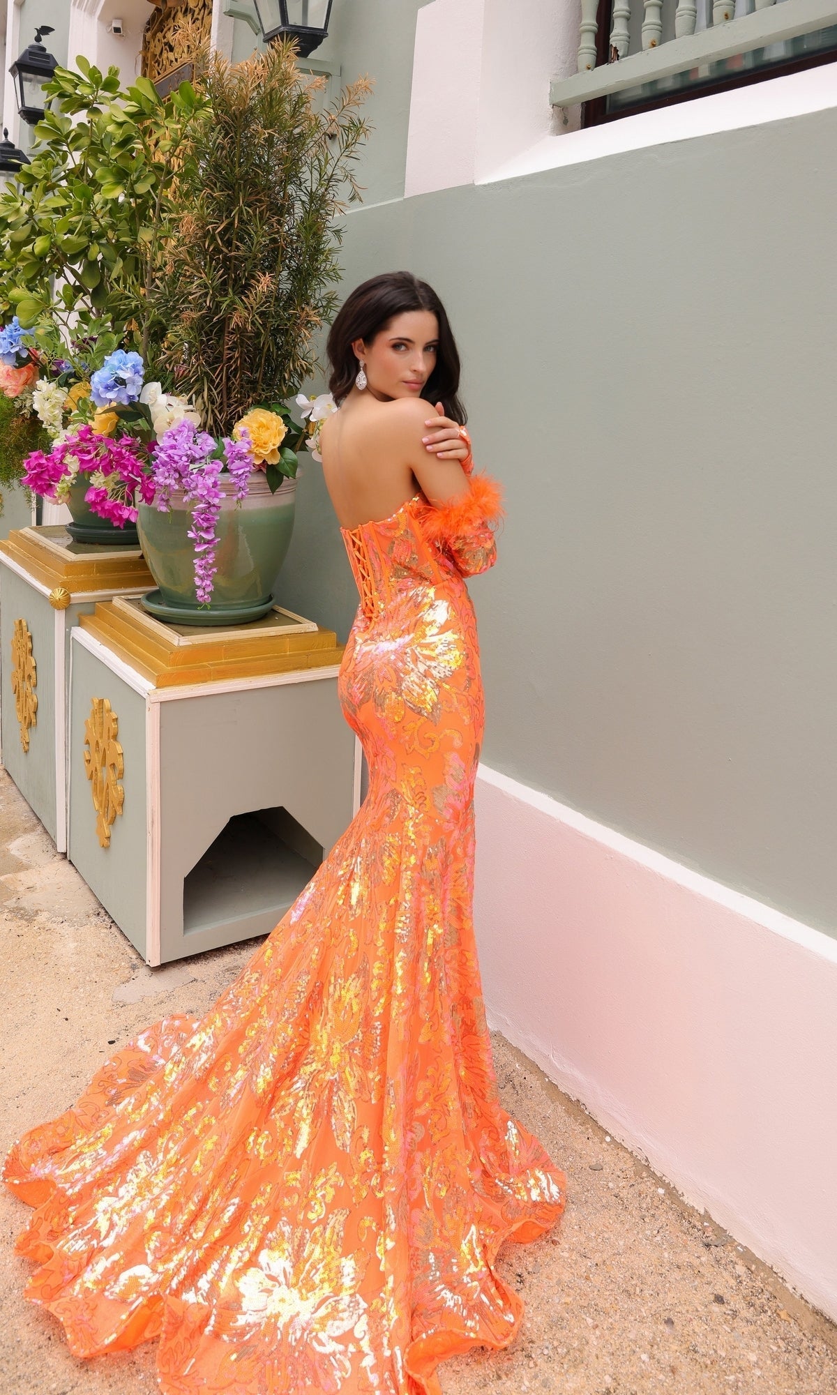 Sequin-Print Prom Dress Strapless Mermaid Red Carpet Gown with Gloves