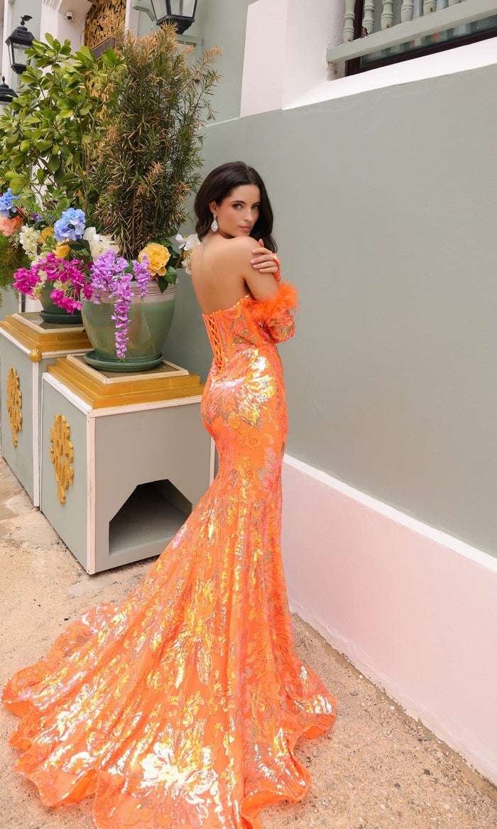Sequin-Print Prom Dress Strapless Mermaid Red Carpet Gown with Gloves