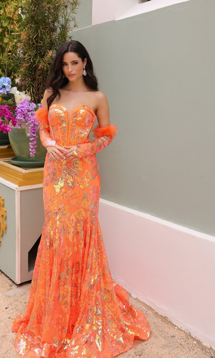 Sequin-Print Prom Dress Strapless Mermaid Red Carpet Gown with Gloves
