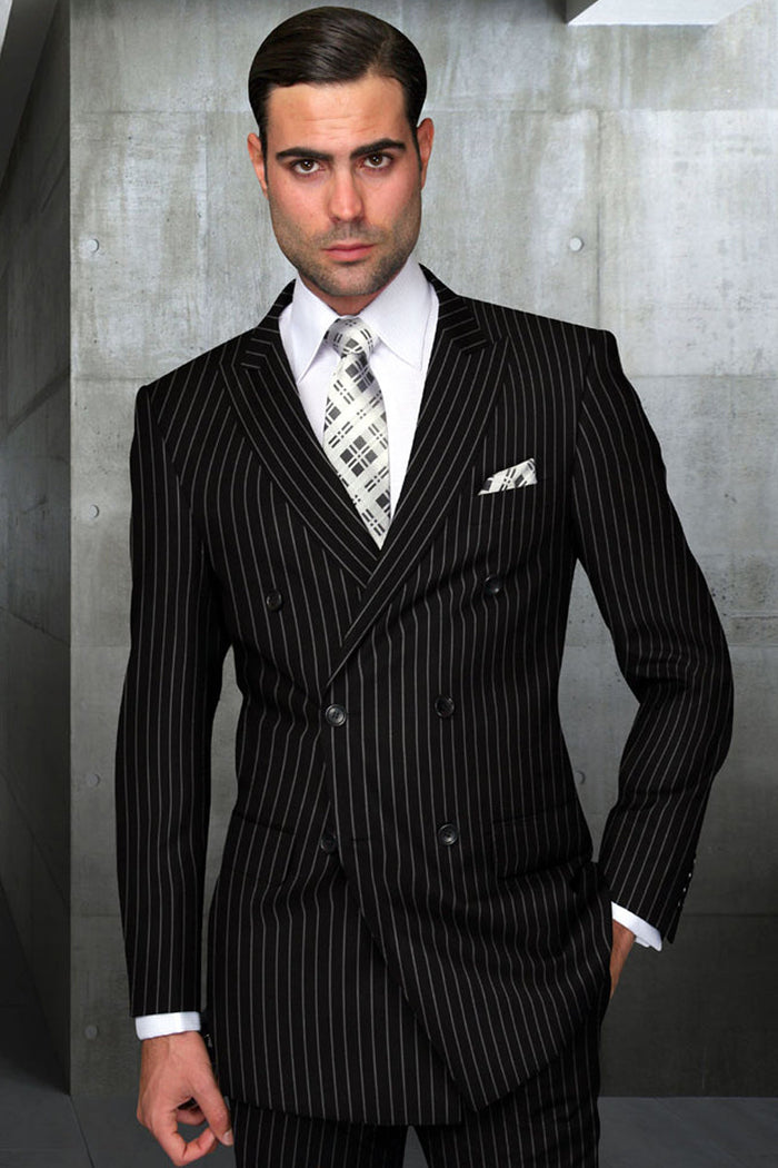Men’s Black Bold Pinstripe Double-Breasted Wool Suit – Designer Gangster Wedding and Formal Suit