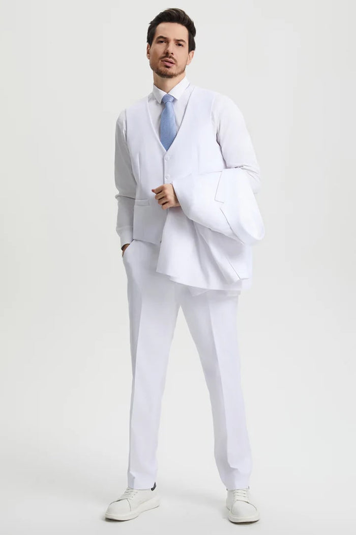 Stacy Adams White Two Button Vested Wedding Suit