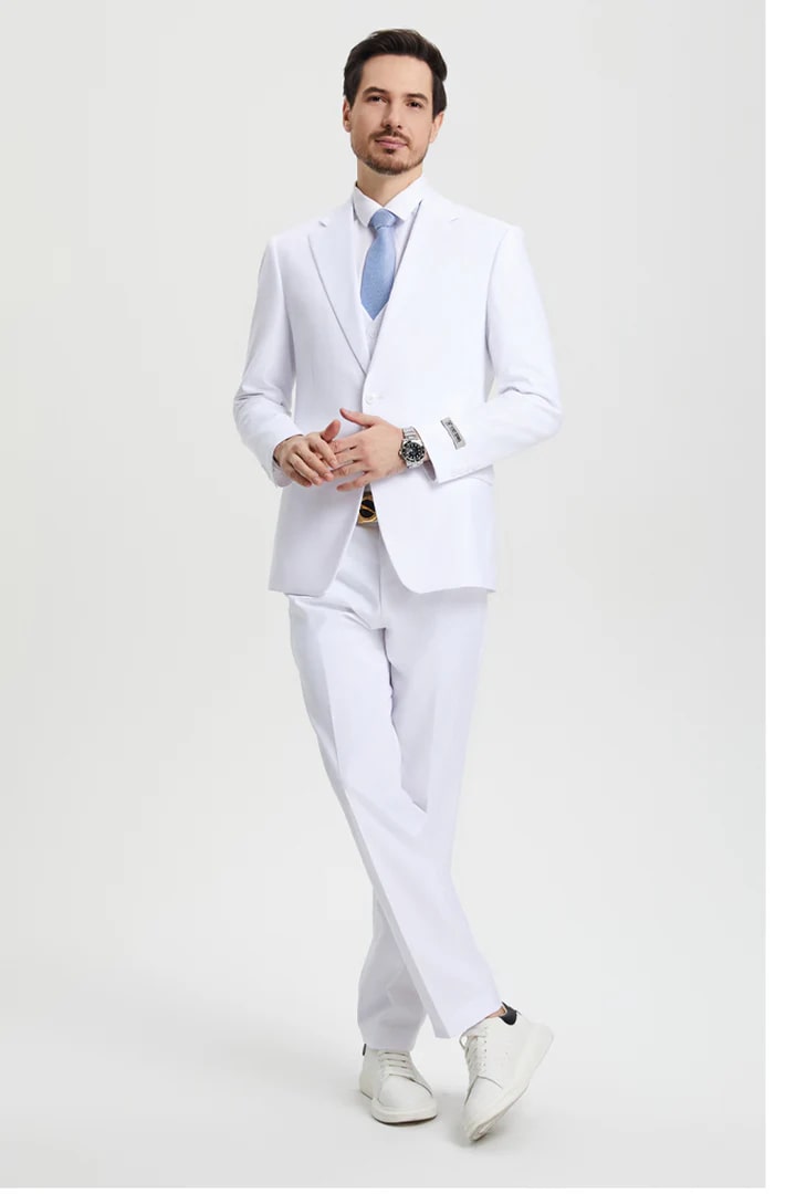 Stacy Adams White Two Button Vested Wedding Suit