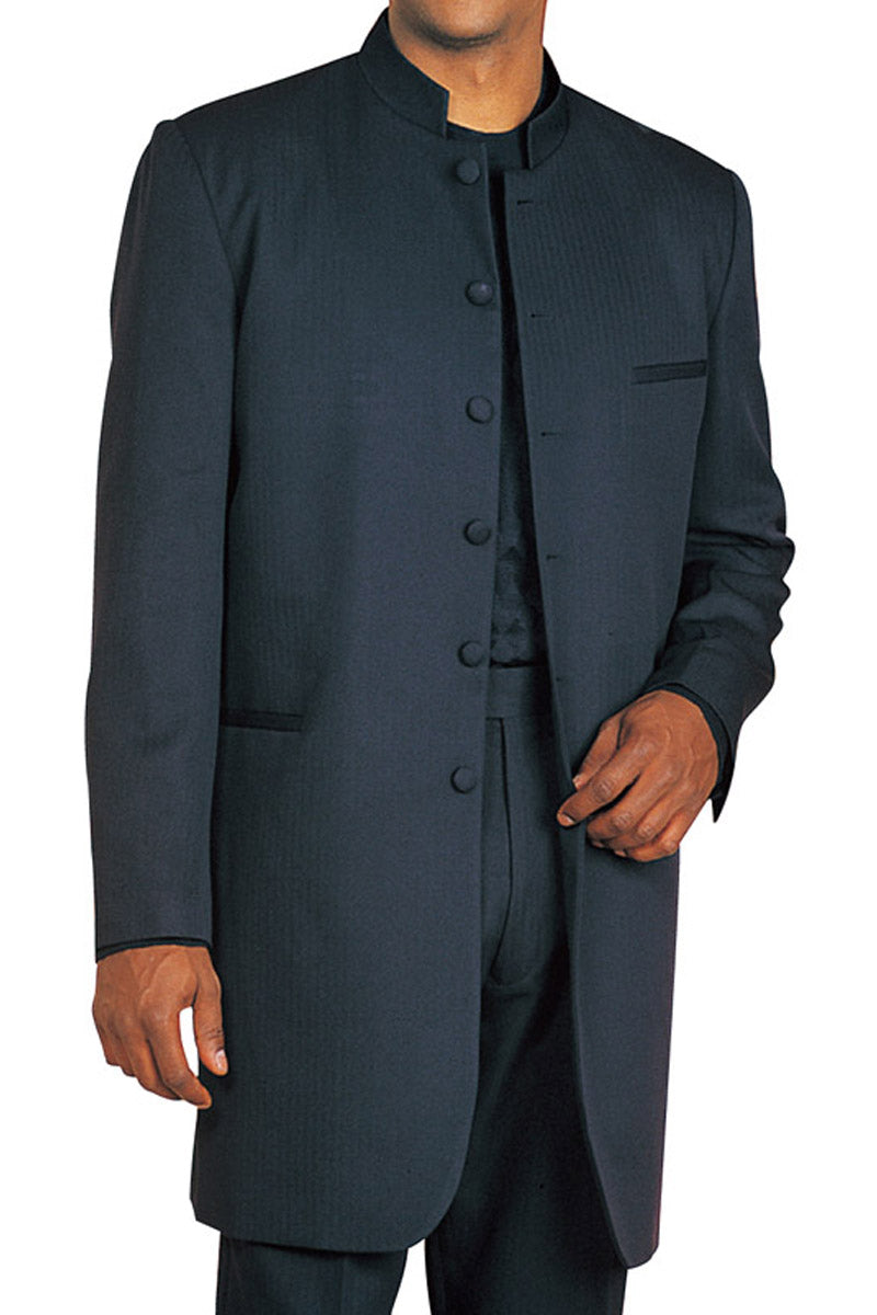 Mens 6 Button Long Mandarin Banded Collar Suit in Black